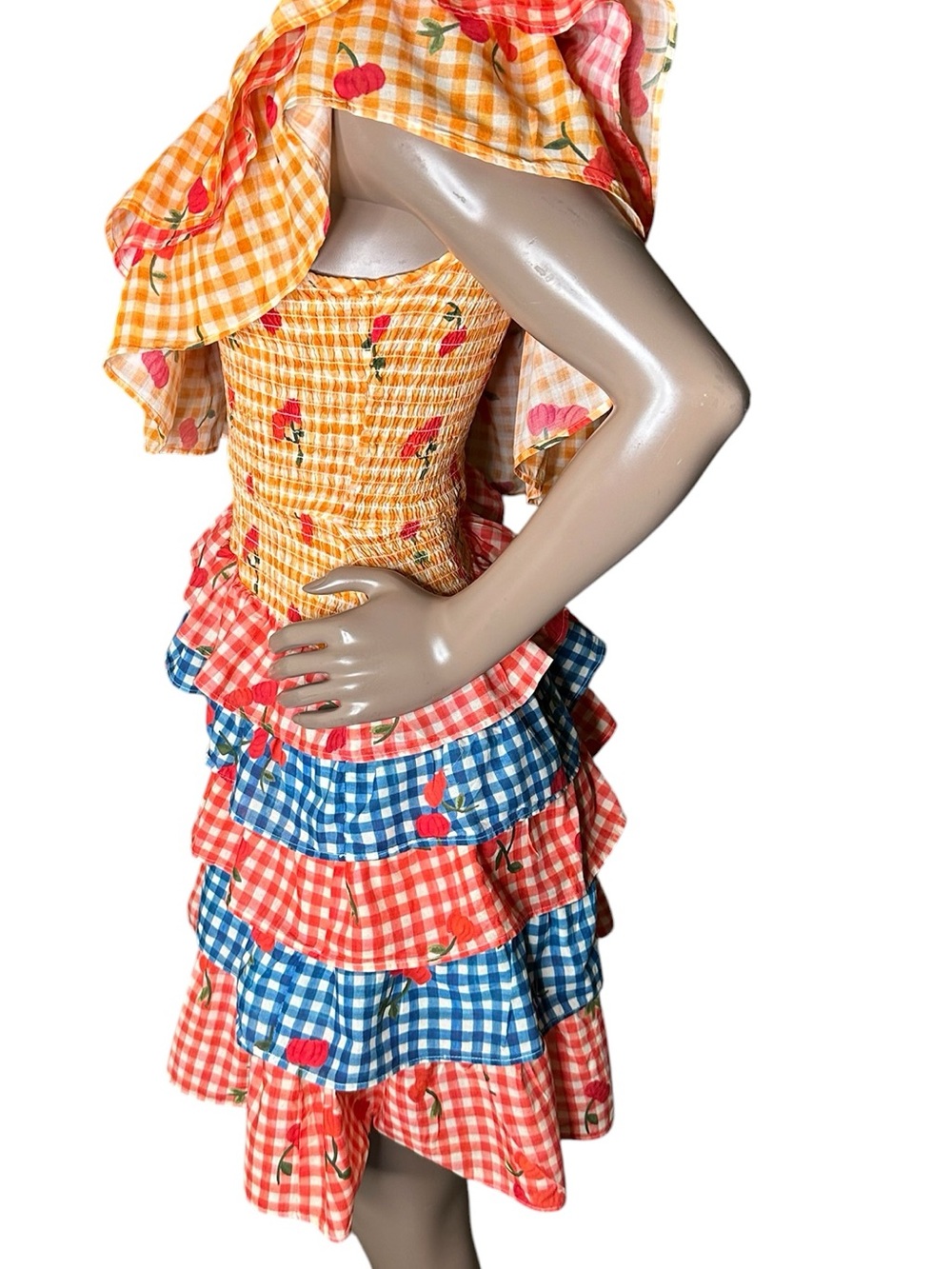 FARM Rio Anthropologie Cherry Gingham One Shoulder Ruffle Tiered Mini Dress XS - Picture 7 of 9